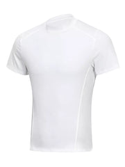 White athletic fit mock neck t-shirt with short sleeves and side panel detail.