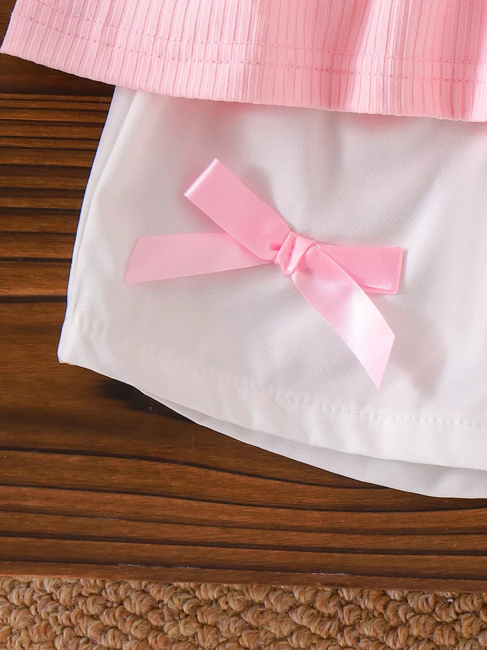 Children's Ribbed Bow Top And Shorts Set in Pink, fabric detail