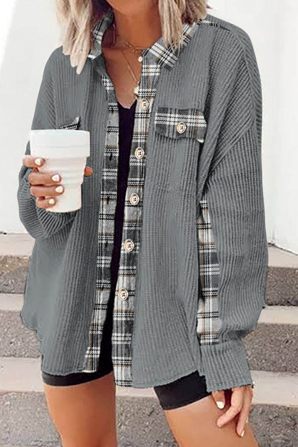 Light Gray waffle knit overshirt with plaid trim, button front, and chest pockets.
