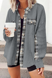 Light Gray waffle knit overshirt with plaid trim, button front, and chest pockets.