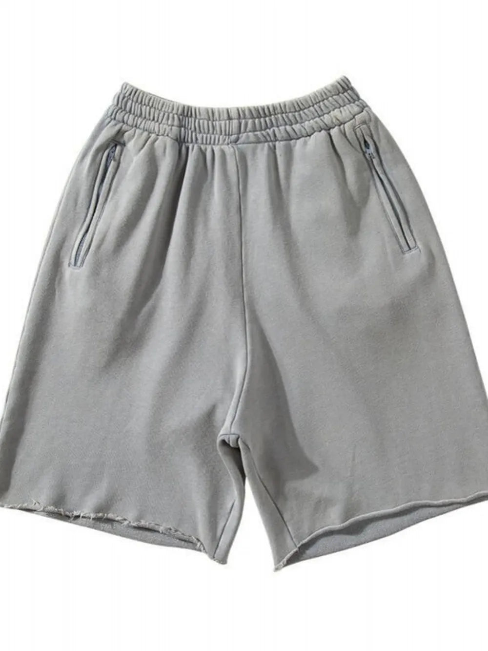 Gray relaxed fit shorts with raw hem and zippered pockets