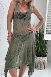 Olive green crochet knit cover-up dress with asymmetrical hem and pockets.