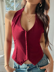 Burgundy halter corset top with V-neck and front button detail