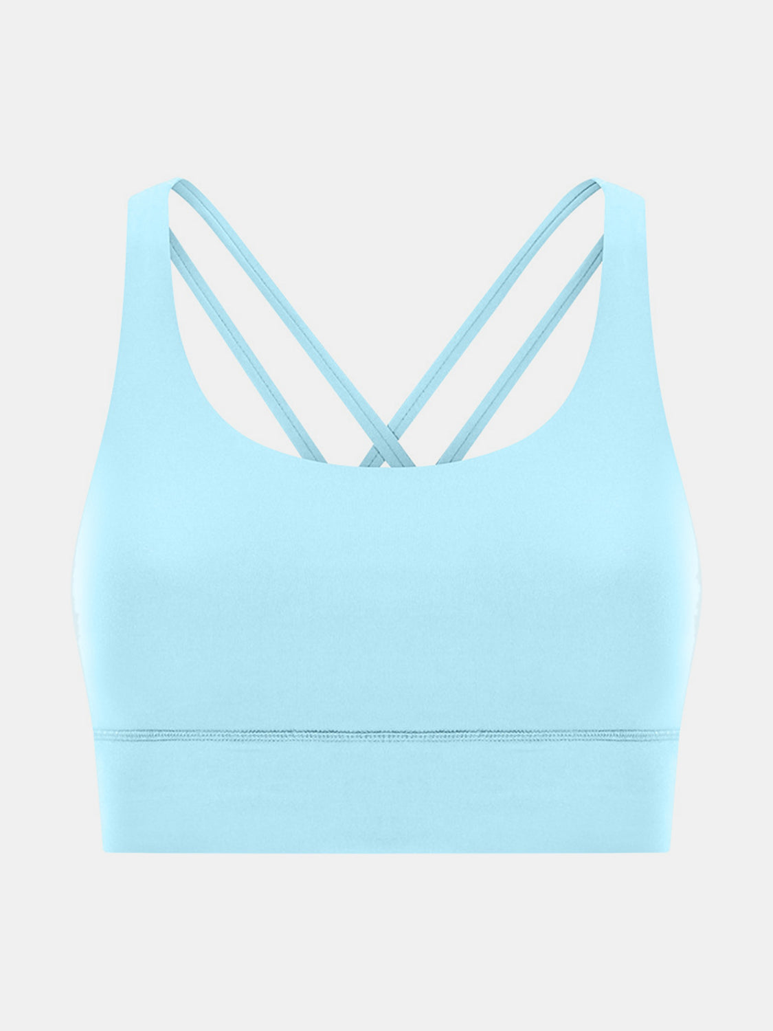Pastel blue sports bra with crisscross back straps and a scoop neckline.
