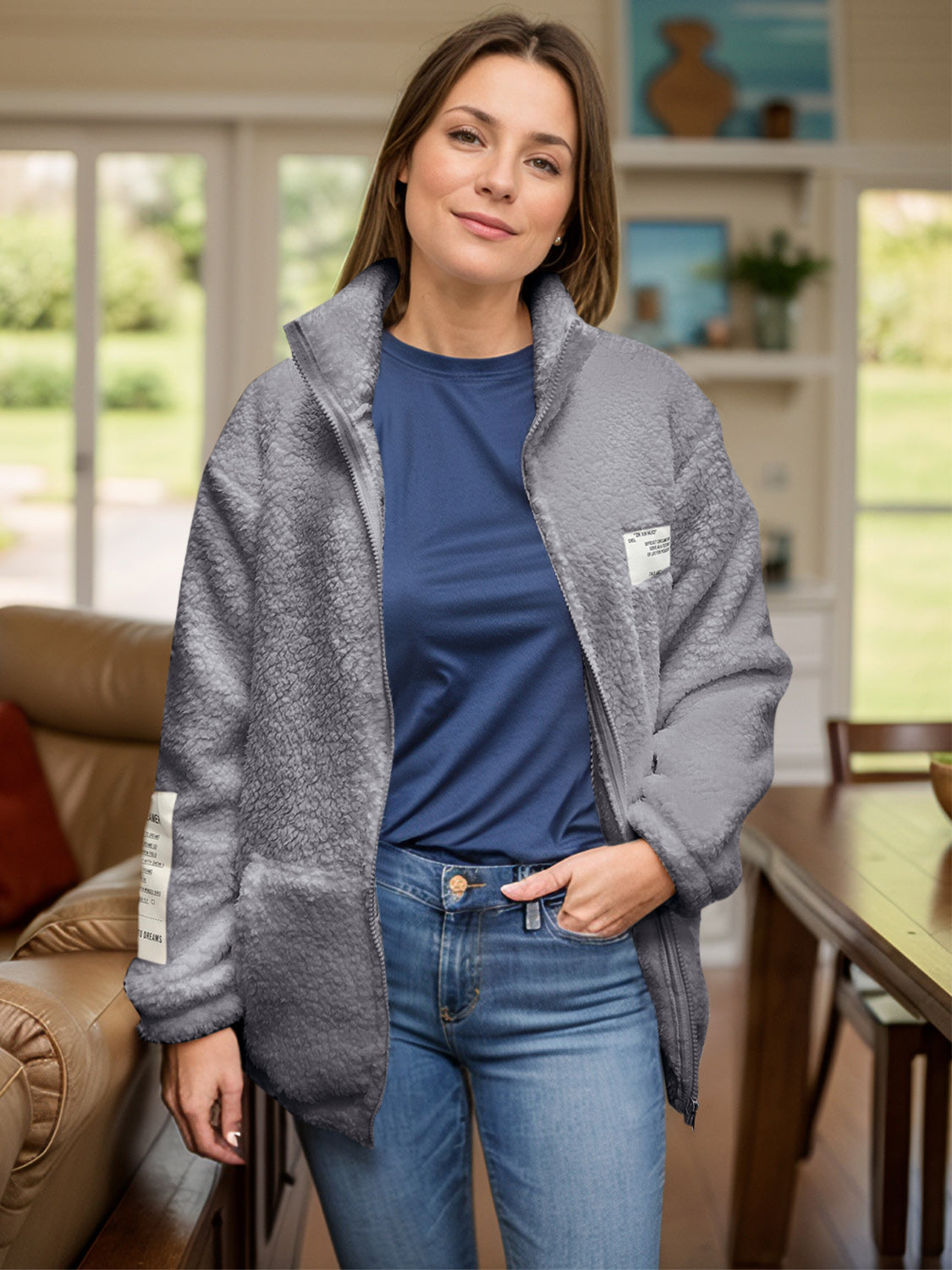 Textured sherpa zip-up jacket in dark gray with stand collar and pockets
