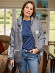 Textured sherpa zip-up jacket in dark gray with stand collar and pockets