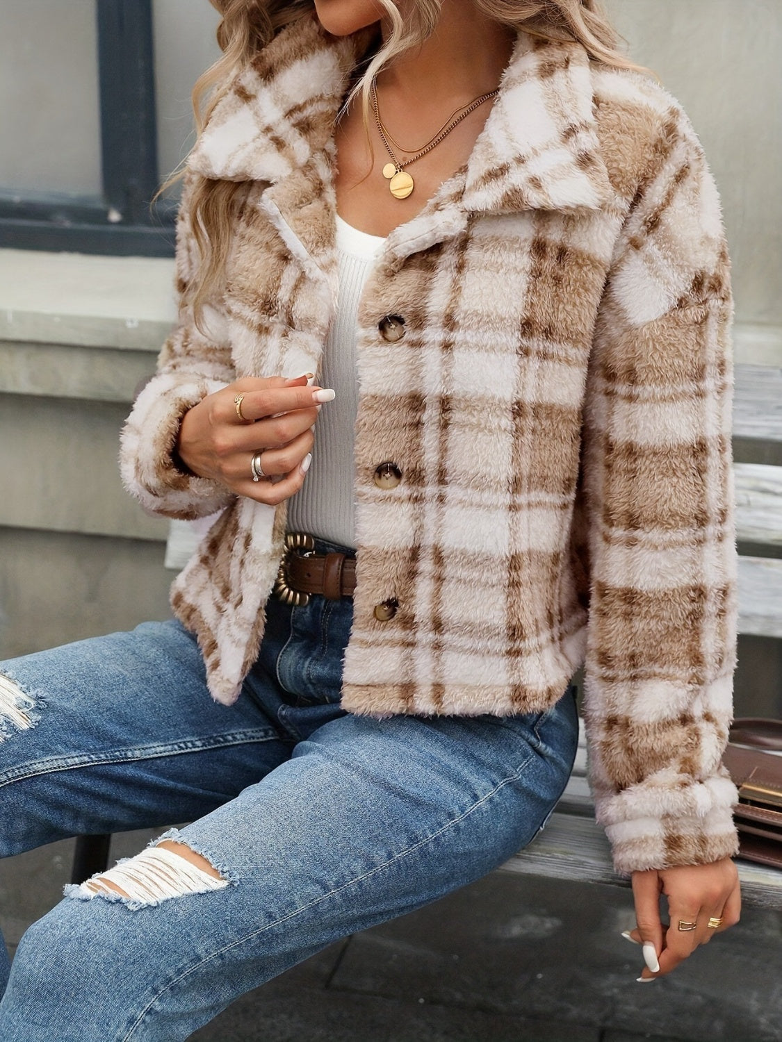 Camel plaid teddy cropped jacket with button front and collar.