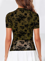 Moss velvet floral mesh mock neck top with short sleeves.