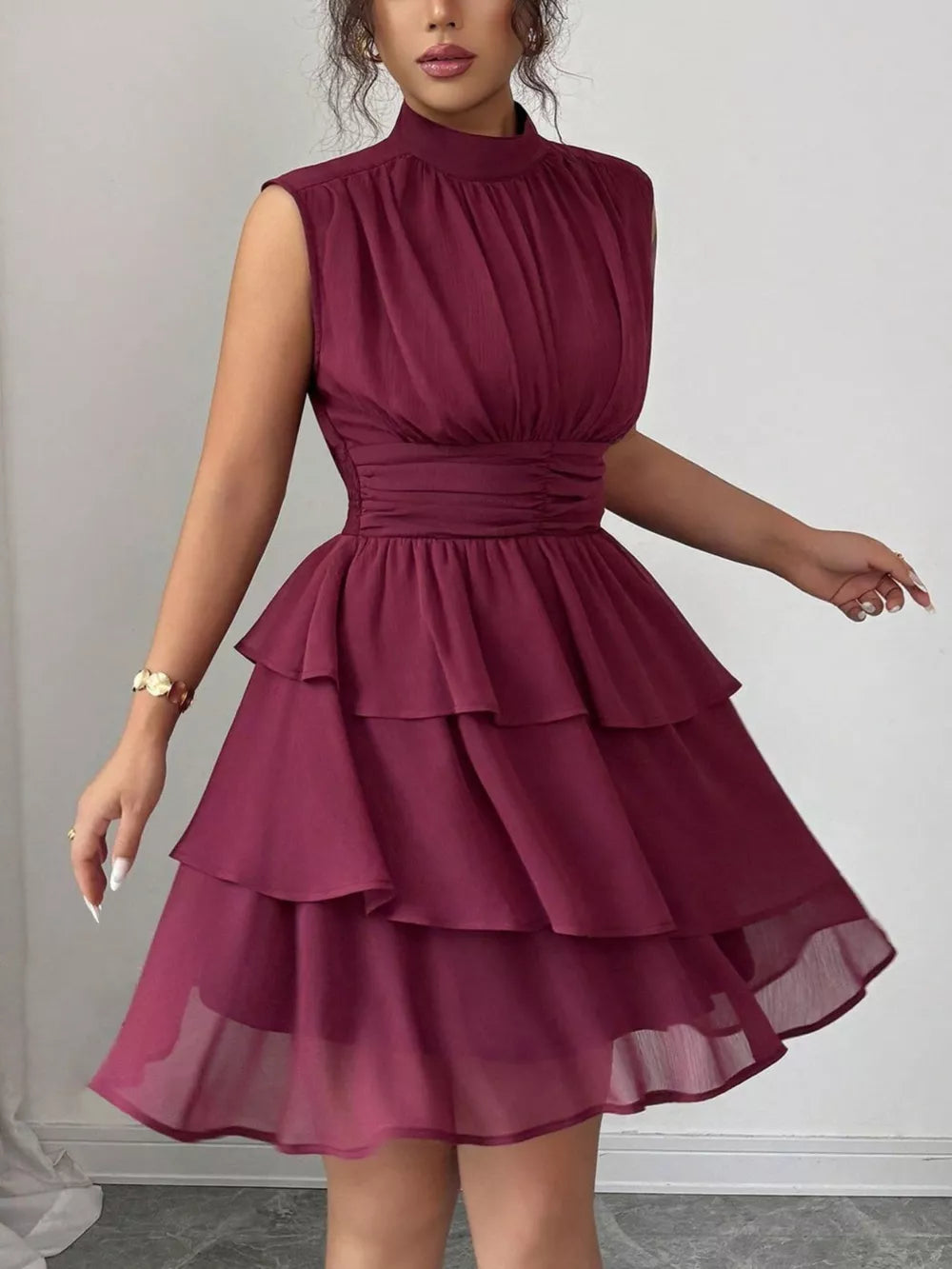 Dark Red sleeveless ruffle tiered dress with mock neck and cinched waist