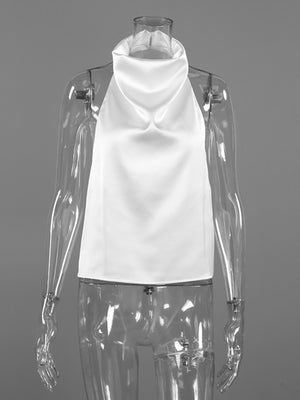 White satin halter neck cami top with cowl neckline