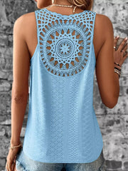 Sky blue eyelet lace tank top with intricate crochet back detail.