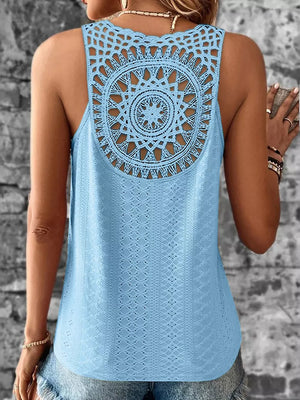 Sky blue eyelet lace tank top with intricate crochet back detail.