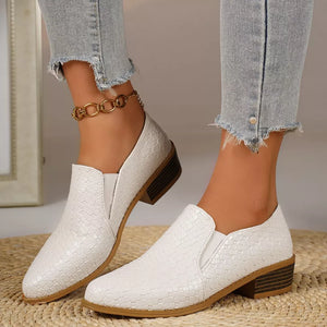 White woven texture pointed loafers with block heels and elastic side panels.
