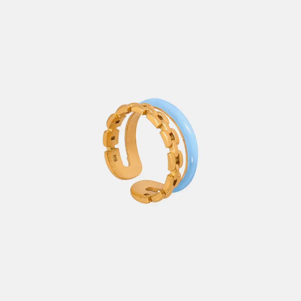 Gold chain link open ring with light blue enamel detail