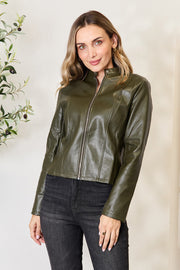 Army green faux leather biker jacket with zip front and stand collar.