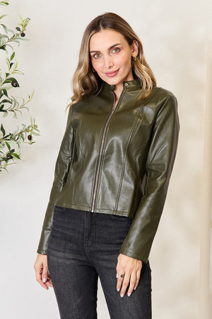 Army green faux leather biker jacket with zip front and stand collar.