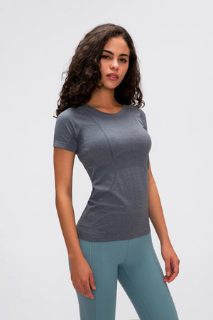Gray seamless activewear t-shirt with short sleeves and a crew neck.