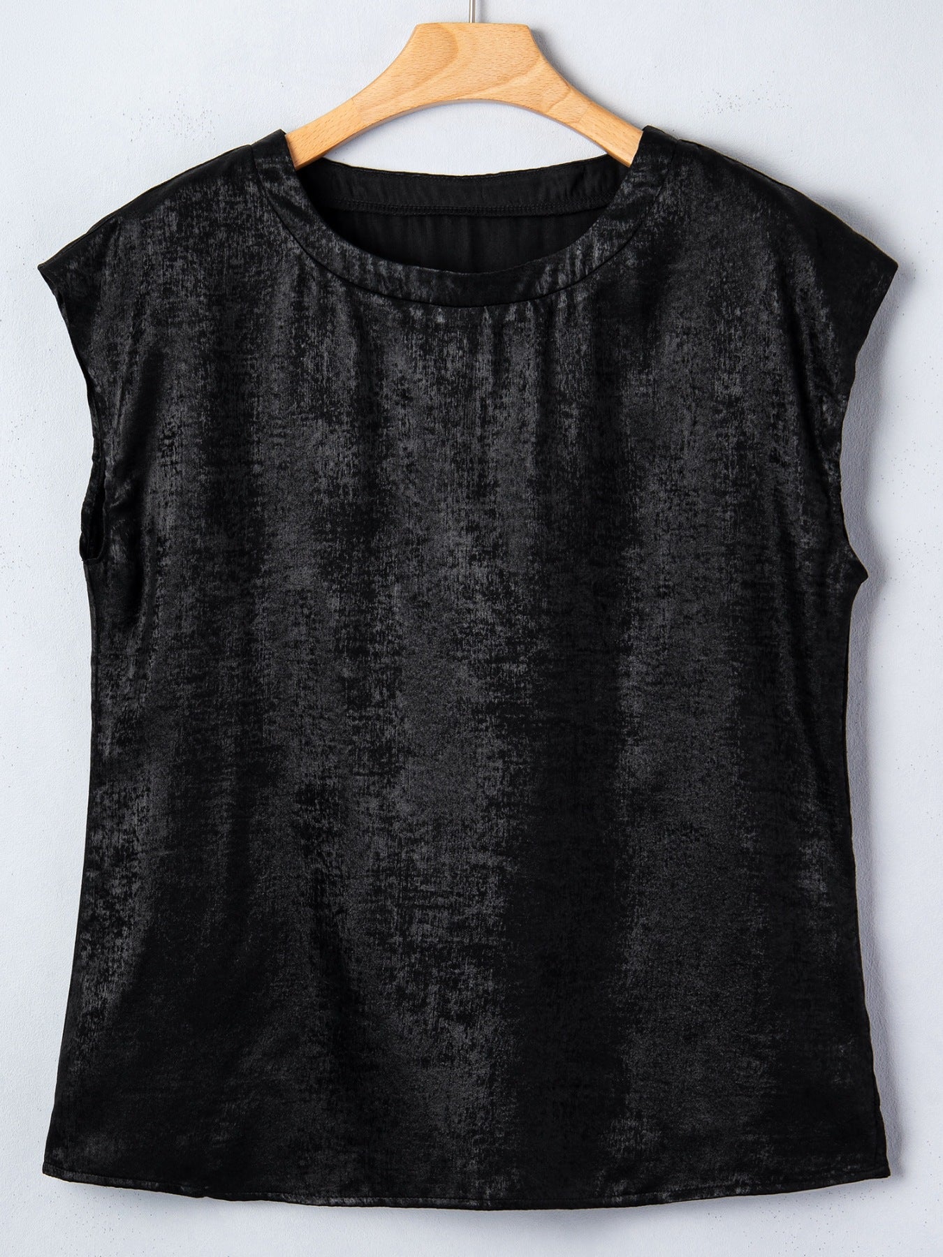 Black metallic cap sleeve tee with round neck and textured finish.