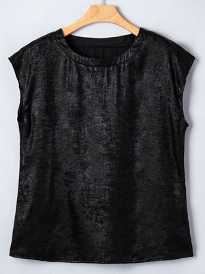 Black metallic cap sleeve tee with round neck and textured finish.