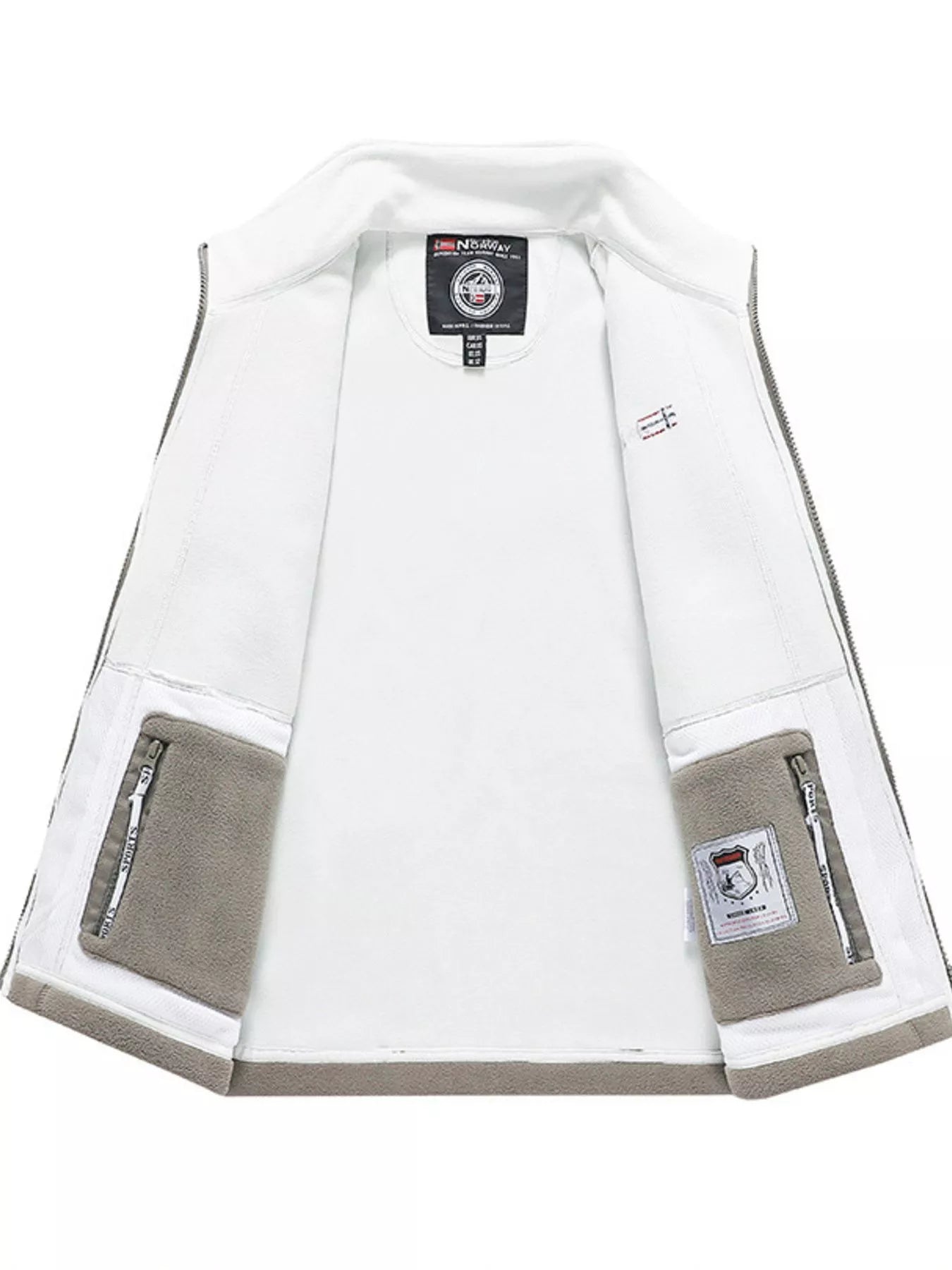Men's white fleece zip-up jacket with grey zippered pockets and contrast trim.