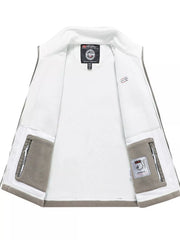 Men's white fleece zip-up jacket with grey zippered pockets and contrast trim.