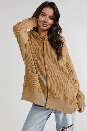 Caramel waffle knit zip-through hoodie with pockets and a relaxed fit.