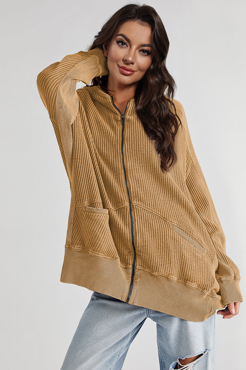 Caramel waffle knit zip-through hoodie with pockets and a relaxed fit.