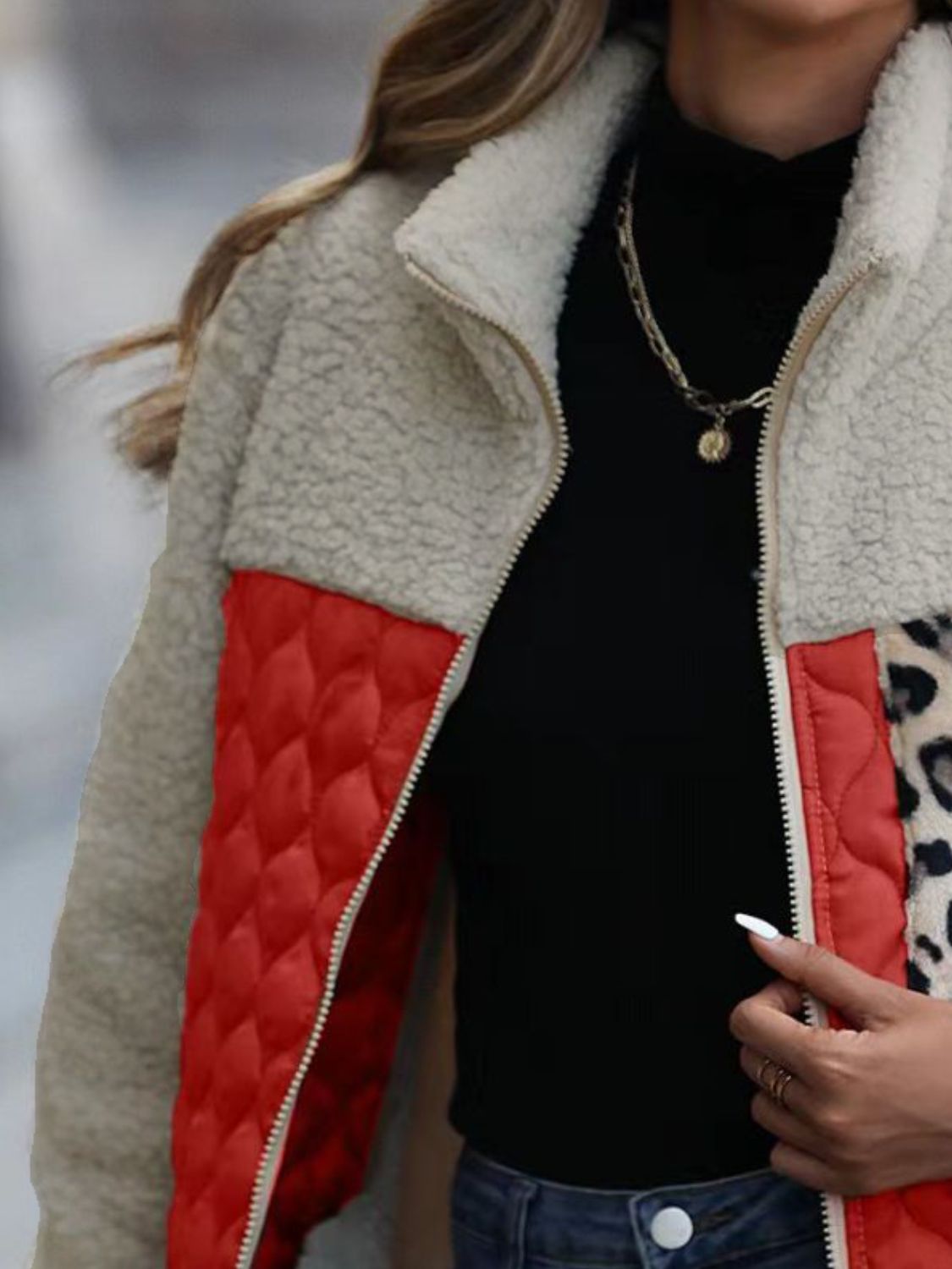 Teddy & quilted panel zip jacket with leopard print detail.