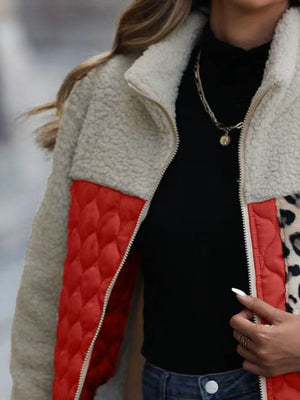 Teddy & quilted panel zip jacket with leopard print detail.