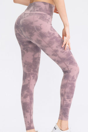 Cloud-Wash High-Waist Performance Leggings in Dusty Blue with a tie-dye pattern.
