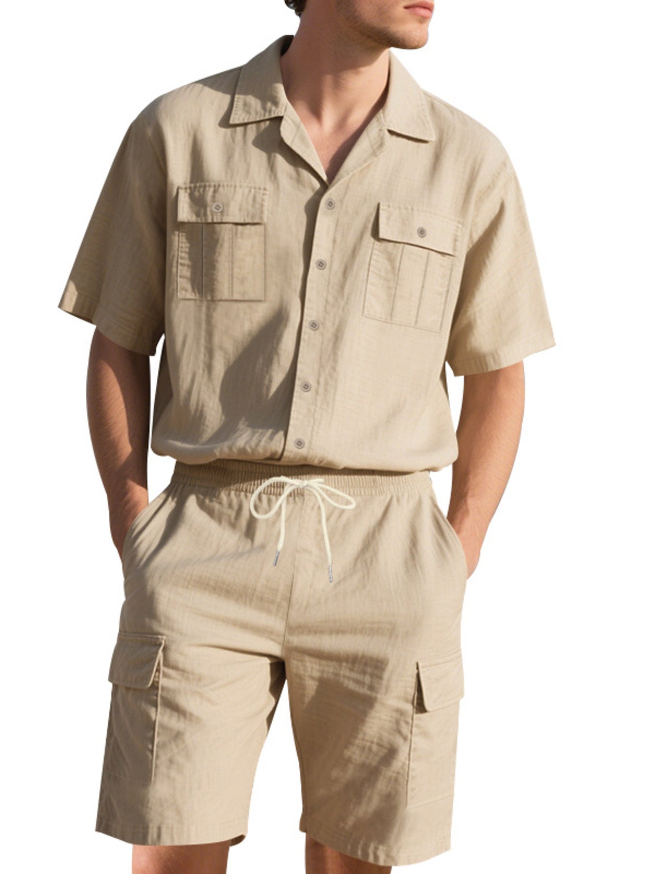 Light khaki relaxed-fit button-up shirt and drawstring shorts set with cargo pockets