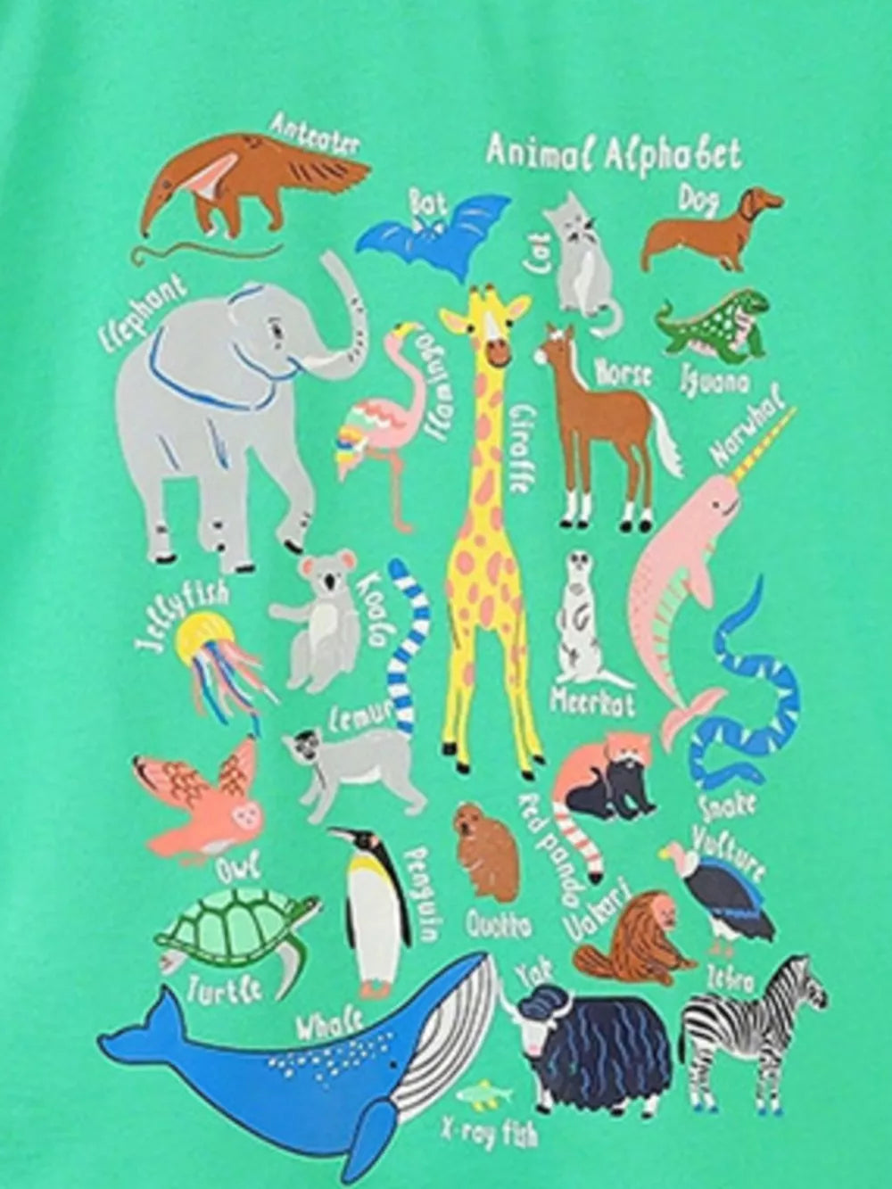 Green t-shirt with a whimsical animal alphabet graphic print for babies and children.