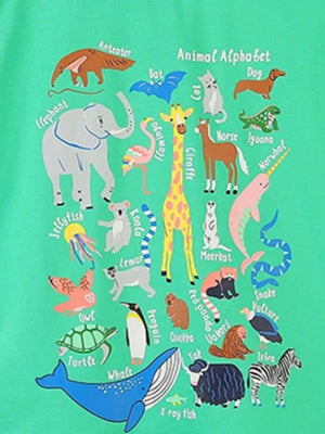 Green t-shirt with a whimsical animal alphabet graphic print for babies and children.