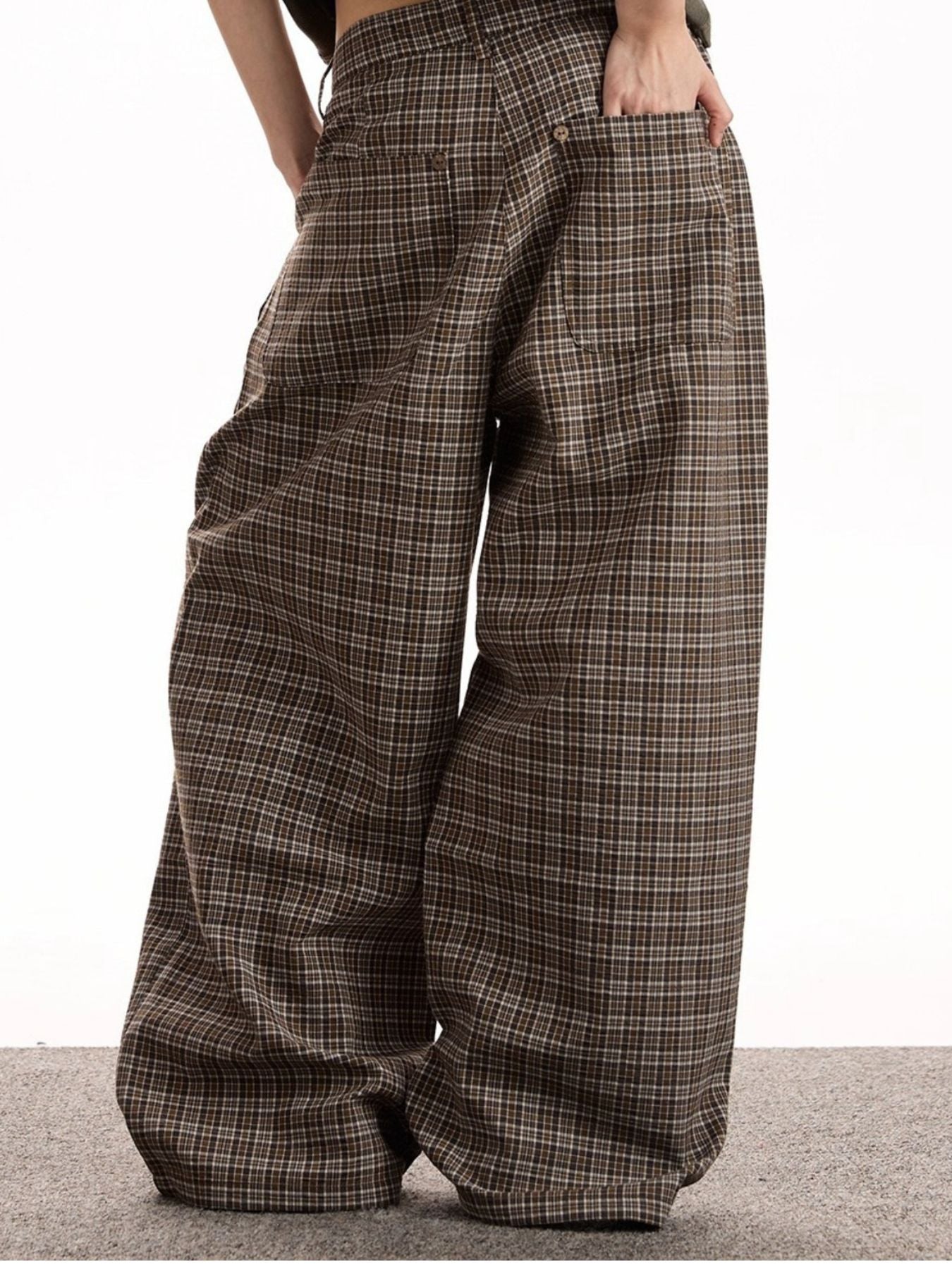 Men's brown plaid cotton high-waisted wide leg trousers with pockets