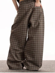 Men's brown plaid cotton high-waisted wide leg trousers with pockets