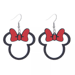 Mickey Mouse inspired bow drop earrings in red and black glitter acrylic.