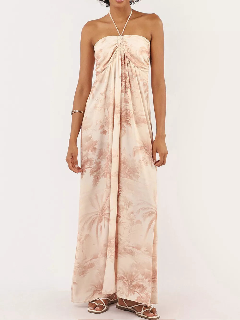 Tropical halter neck maxi dress in cream with ruched bodice and palm tree print