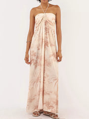 Tropical halter neck maxi dress in cream with ruched bodice and palm tree print