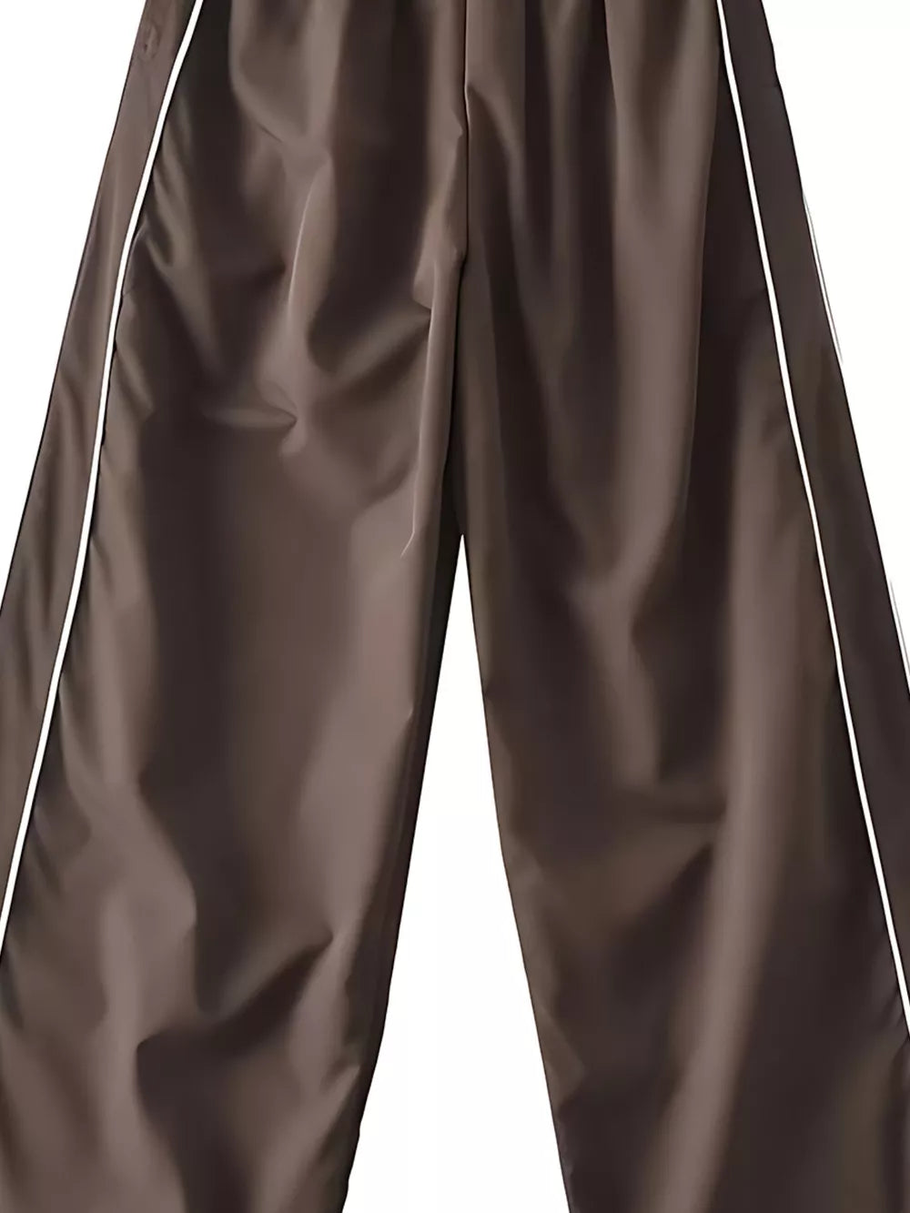 Brown maternity wide-leg trousers with white piping detail and gathered waistband.