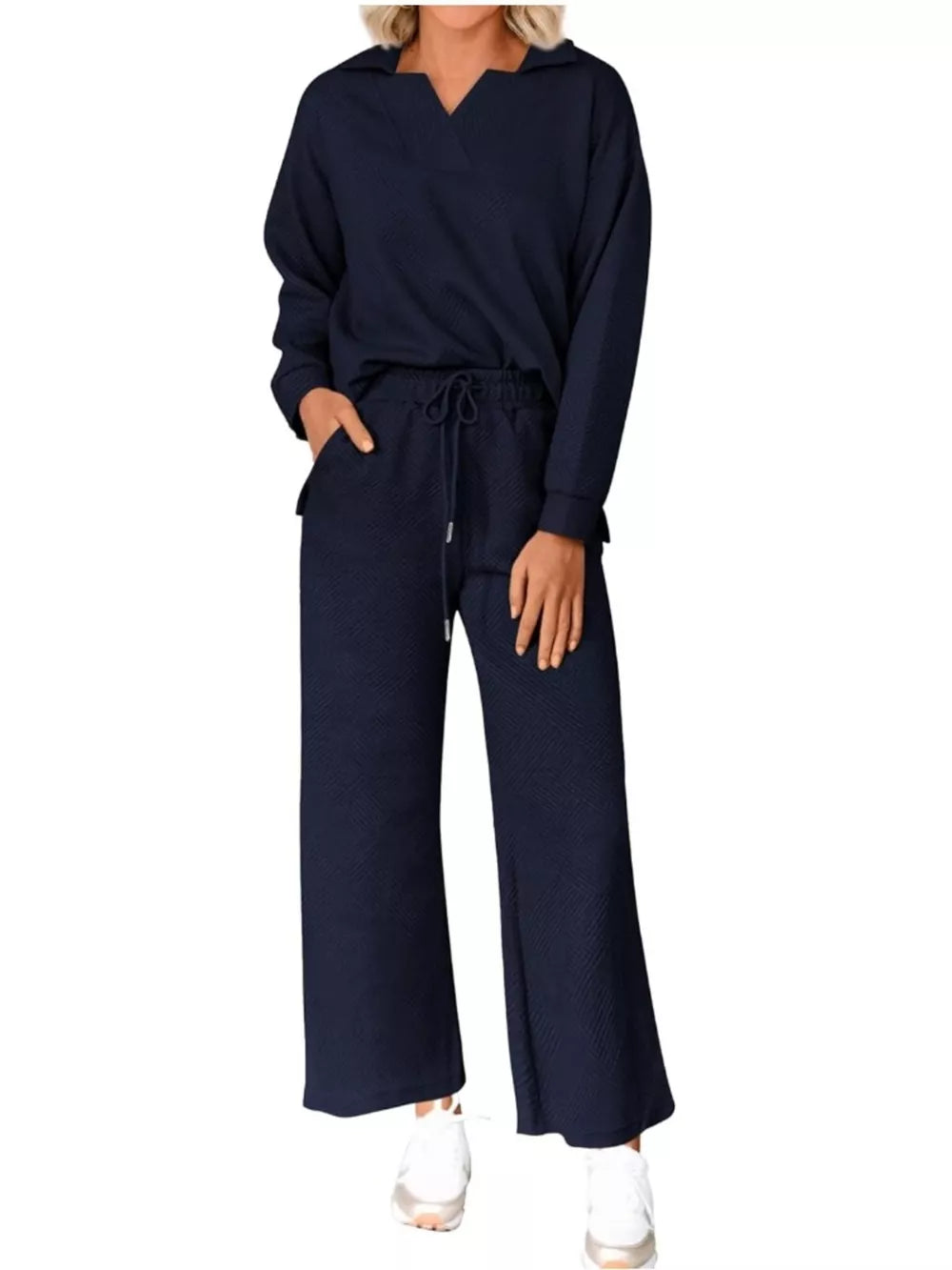 Navy blue V-neck textured lounge set with drawstring pants and long sleeves.