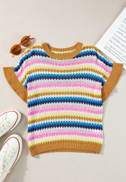 Textured knit sweater with colorful stripes and contrast trim sleeves and neckline.