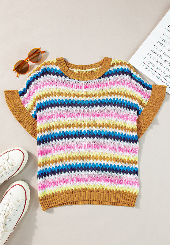 Textured knit sweater with colorful stripes and contrast trim sleeves and neckline.