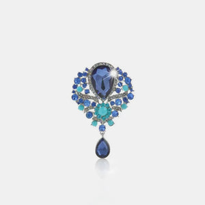 Blue teardrop embellished brooch with alloy setting and crystal accents