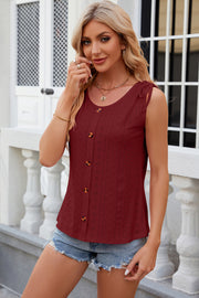 Rust eyelet tank top with tie shoulders and button front
