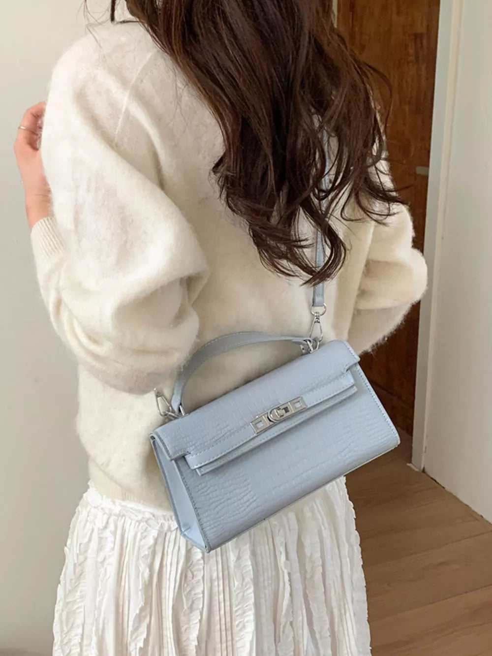 Croc-embossed Pu Leather Crossbody Bag in Pink, model styling view