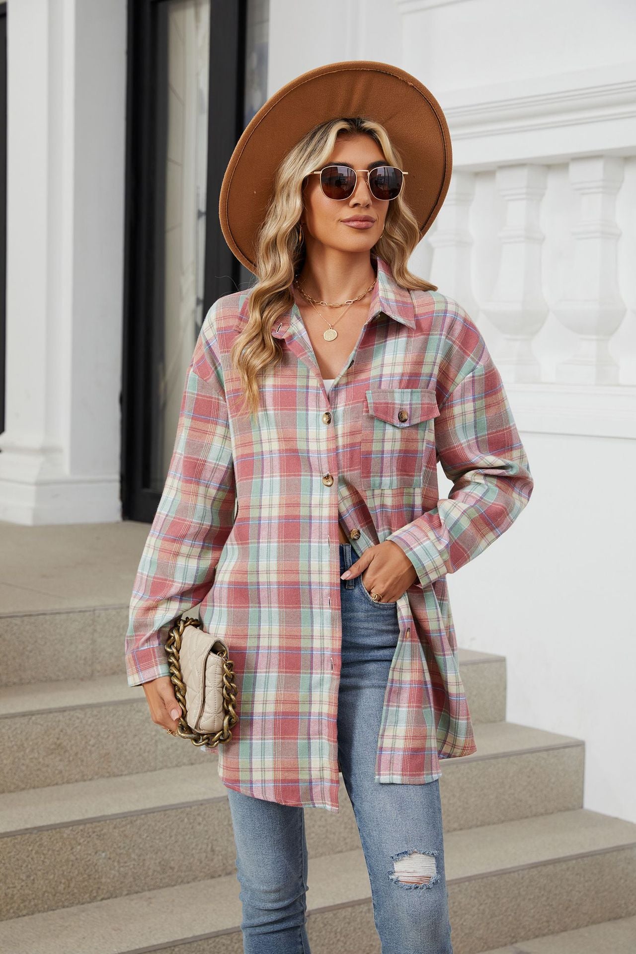 Oversized pastel plaid shacket with button front and chest pockets.