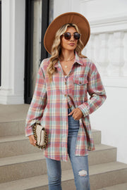 Oversized pastel plaid shacket with button front and chest pockets.