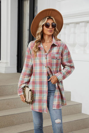 Oversized pastel plaid shacket with button front and chest pockets.