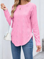 Textured Diamond Knit Long Sleeve T-shirt in Pink, front view