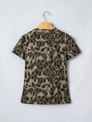 Sleek mock neck slim tee in olive green with a dark leopard print.